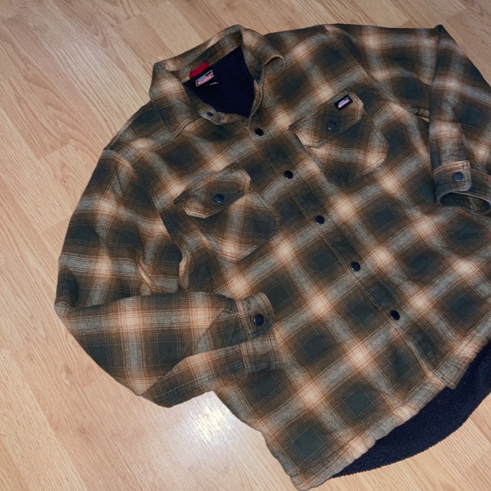 Dickies Flannel Green & Orange Plaid Fleece Lined Snap Button Jacket / Coat - Picture 3 of 9
